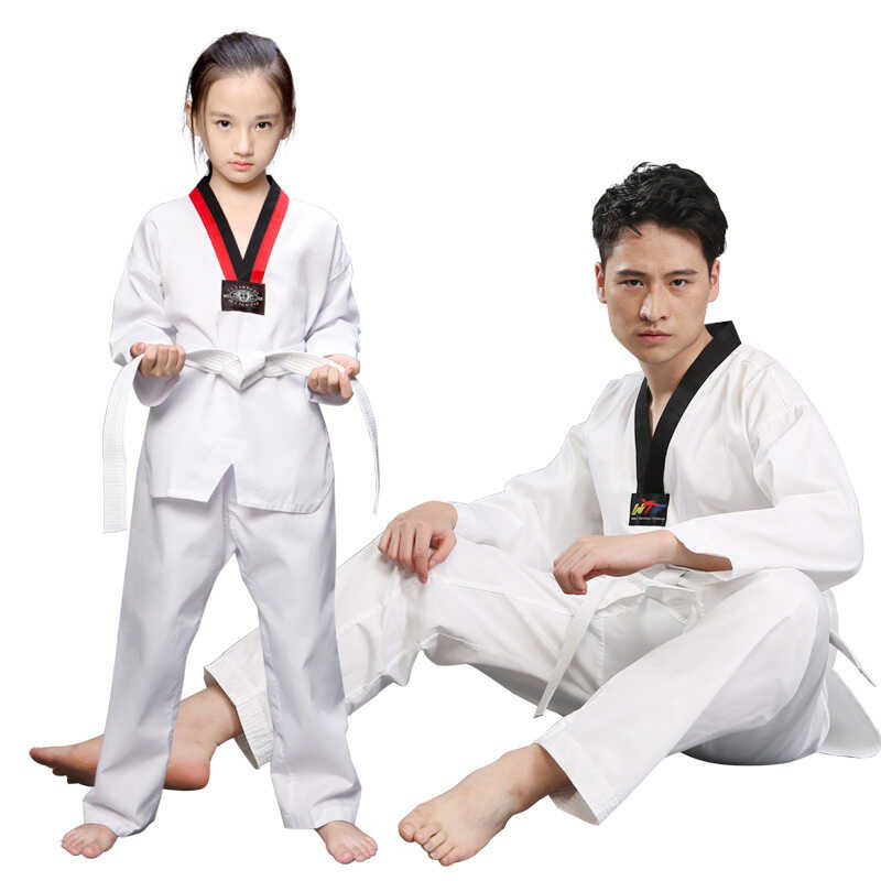 มาใหม่แขนยาว Gi Uniform TKD เสื้อผ้าเทควันโดสีขาวเครื่องแ