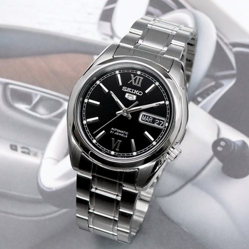 ♞SEIKO 5 Automatic รุ่น SNKL55K1 นาฬิกาข้อมือผู้ชาย สายแสตนเลส หน้าปัดสีดำ - แท้ 100% ประกัน 1 ปี