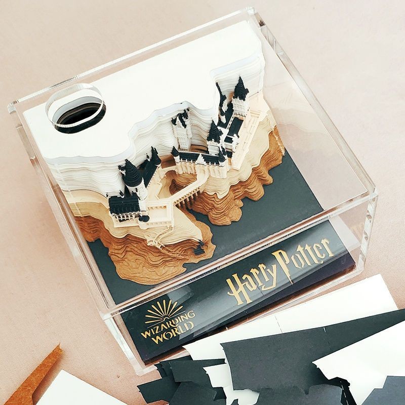 ประติมากรรมกระดาษ Harry Potter 3D กระดาษโน้ตฉีกขาดด้วยมือ Creative Post-it Note Book ปราสาท Hogwart