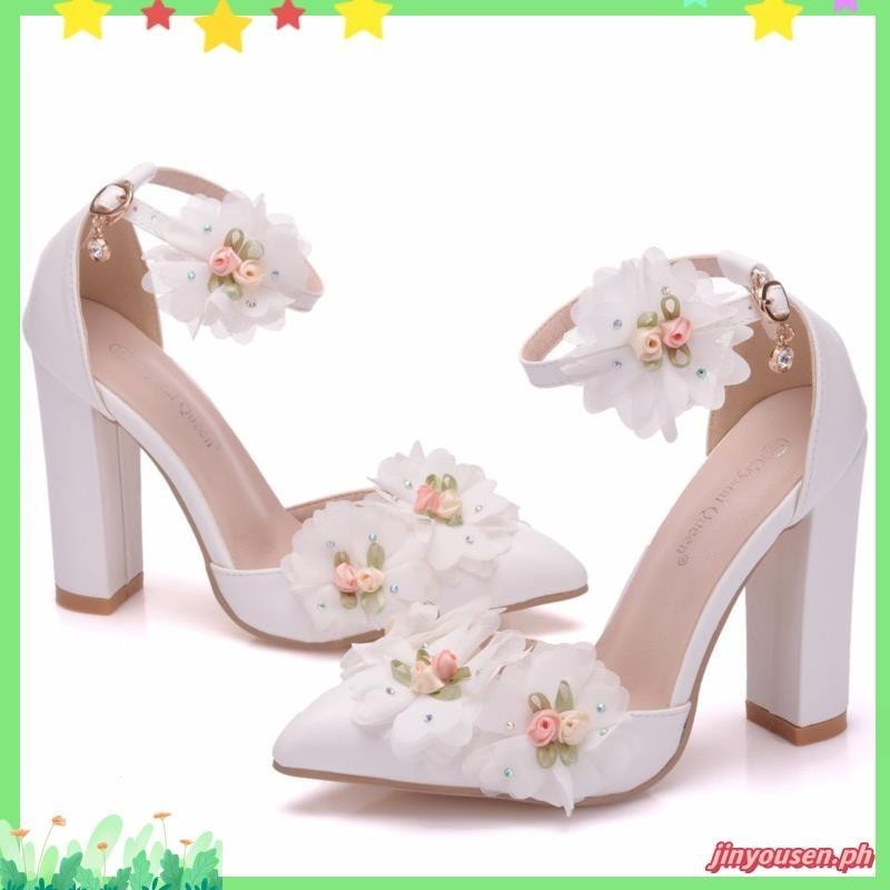 Queen'white Flower Beautiful Wedding Shoes Thick Heel Pointed Toe Women's 2018 Shallow Mouth Sandal