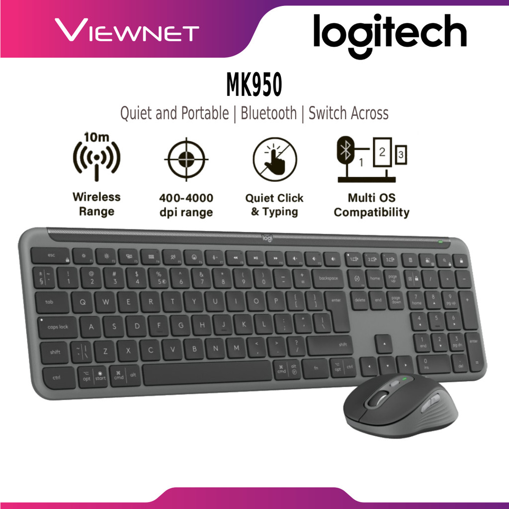 LOGITECH SIGNATURE MK950 SLIM WIRELESS COMBO KEYBOARD MOUSE QUIET TYPING BLUETOOTH SWITCH ACROSS