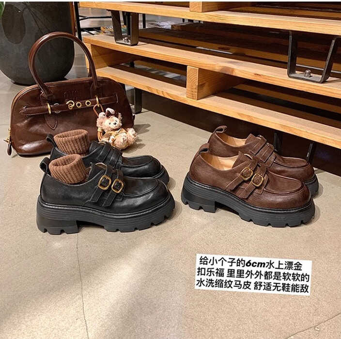 SUYIN เดียวกันเพิ่มความสู 6Cm ล้าหนัม้าหัวเข็มขัดทอขนาดเล็กหนาส้นรอเท้าเดี่ยว Lefu ❤