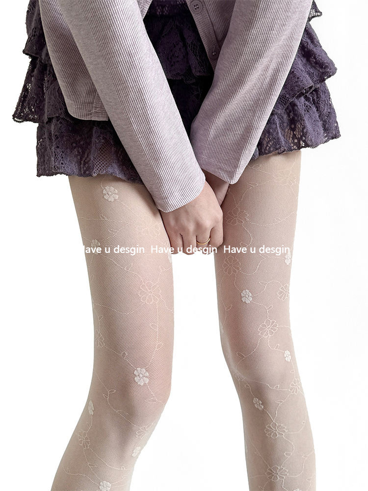 มี u desgin ฤดูร้อนหวาน Girly Jacquard ถุงน่องผู้หญิงบางเฉียบโปร่งใสเซ็กซี่ Pure Desire สไตล์ผ้าไหมสีขาวขนาดเล็ก Chrysanthemum หวาย Pantyhose
