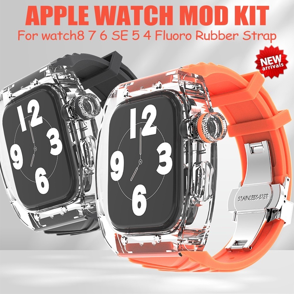 สายนาฬิกาข้อมือยาง แบบใส แต่งหัวเข็มขัดโลหะ สําหรับ Apple Watch 45 มม. 44 มม. iWatch Series 8 7 6 5