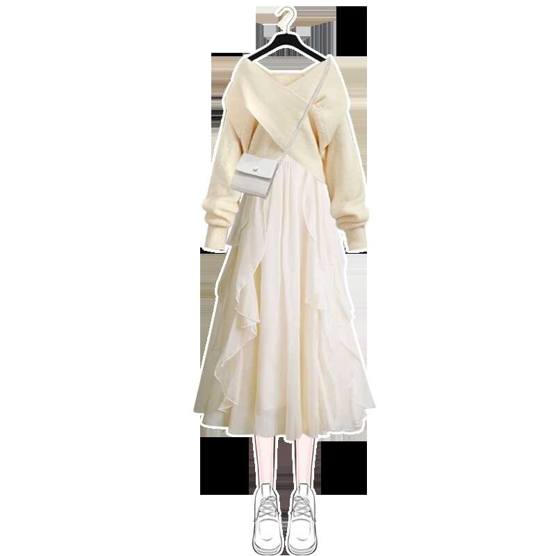 Tea ❤ Qru628 Break Princess Dress Early Autumn Winter 2021New Sweaters Dress Two-Piece Suspender Dr