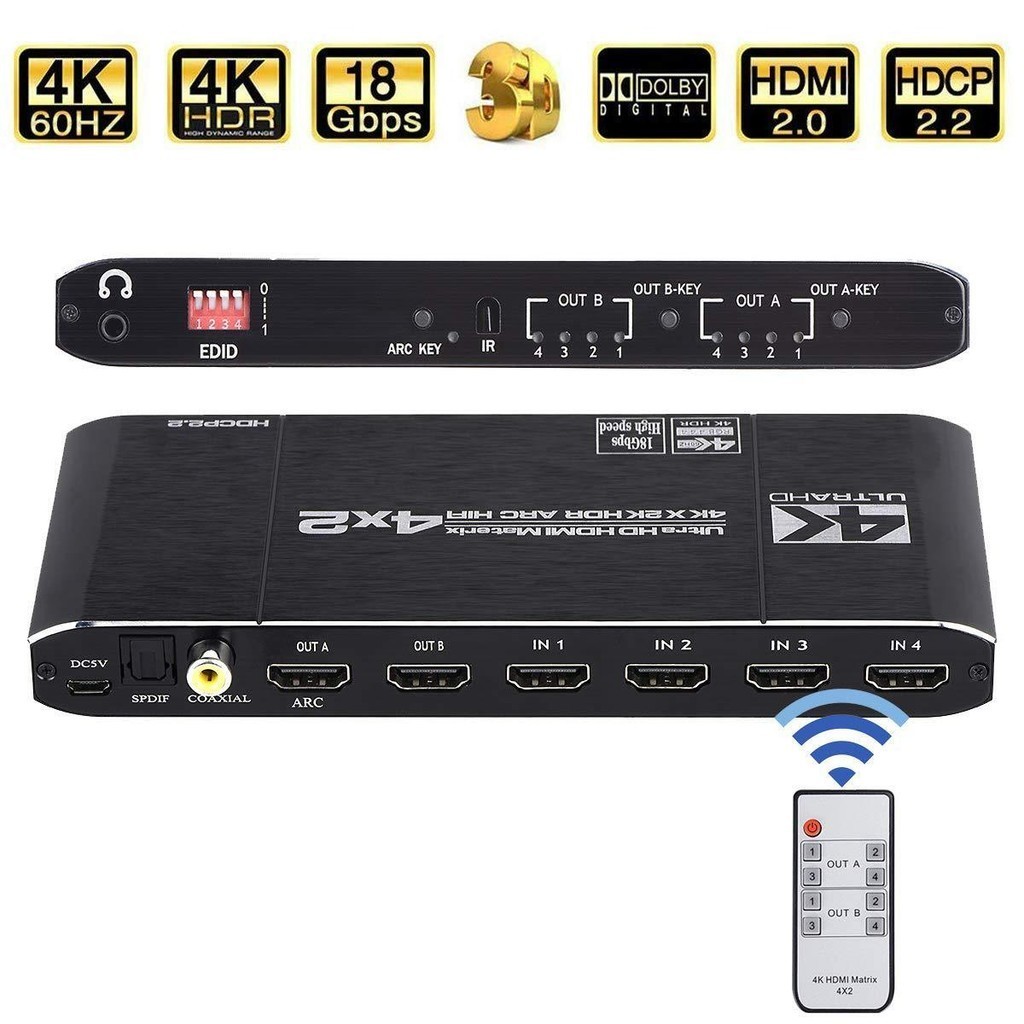 Hdmi matrix 4K 60Hz HDMI matrix Switcher 4X2 HDMI 2.0 matrix พร ้ อมเสียง 2X2 3X2 HDMI 4K 60Hz matrix สําหรับ Xbox series X PS5 pS4