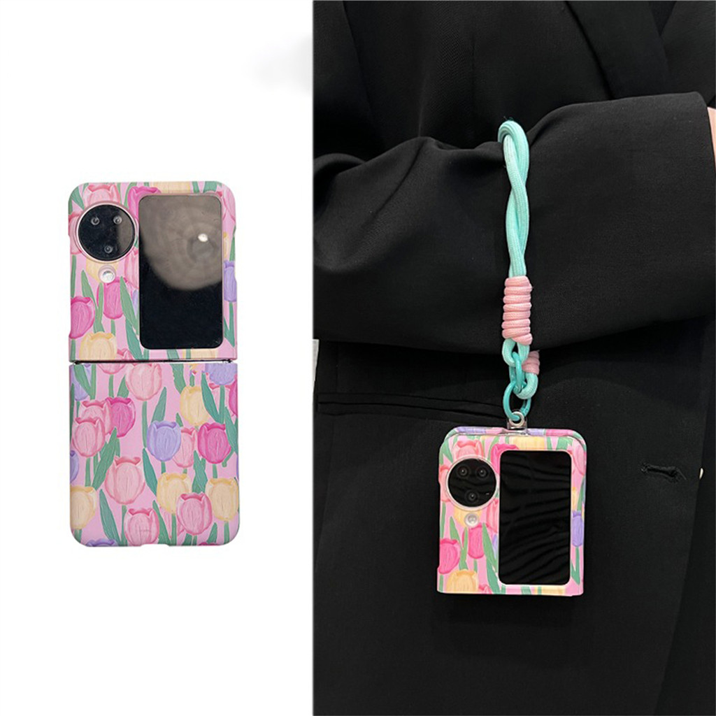 น่ารักสดเต็มหน้าจอดอกทิวลิปดอกไม้เคสโทรศัพท์ที่มีห่วงโซ่เชือกมือถือสําหรับ OPPO N3Flip N2 Flip N3 Flip N2flip N3Flip Cover
