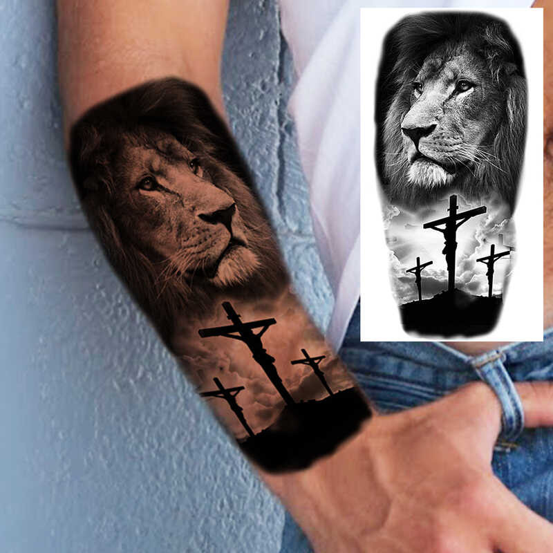 Forearm Black Lion Cross รอยสักชั่วคราวสำหรับชายผู้ใหญ่ Tiger Skull หมาป่าเข็มทิศนักรบปลอม Tattoo แฟ