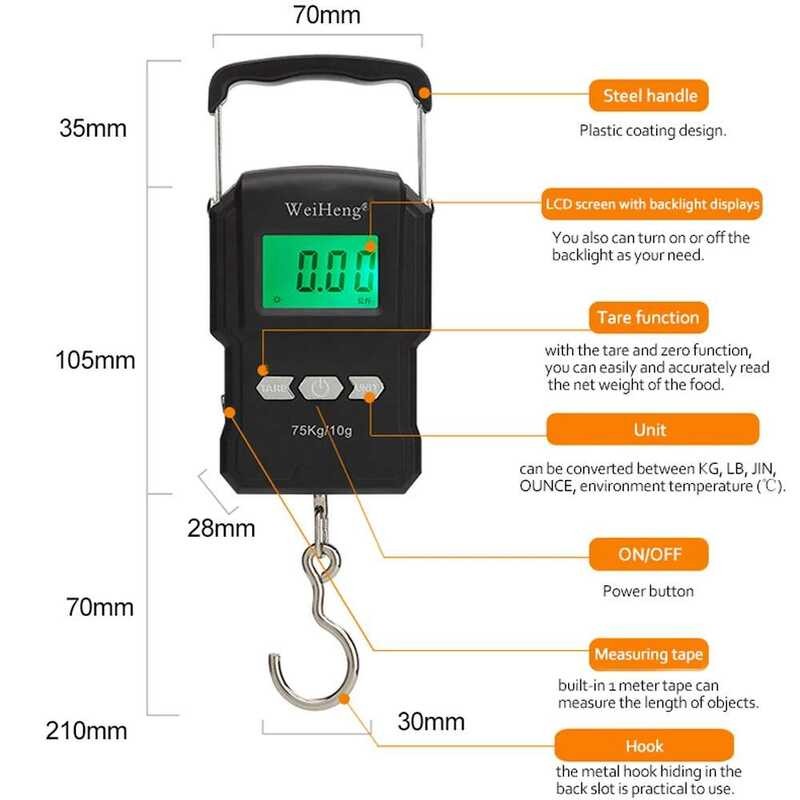 ❥ 50Kg/5G/10G 75กก./10G เครื่องชั่งน้ำหนักอิเล็กทรอนิกส์ LCD ดิจิตอลจอแสดงผลแขวนตะขอวัดเทปสำหรั