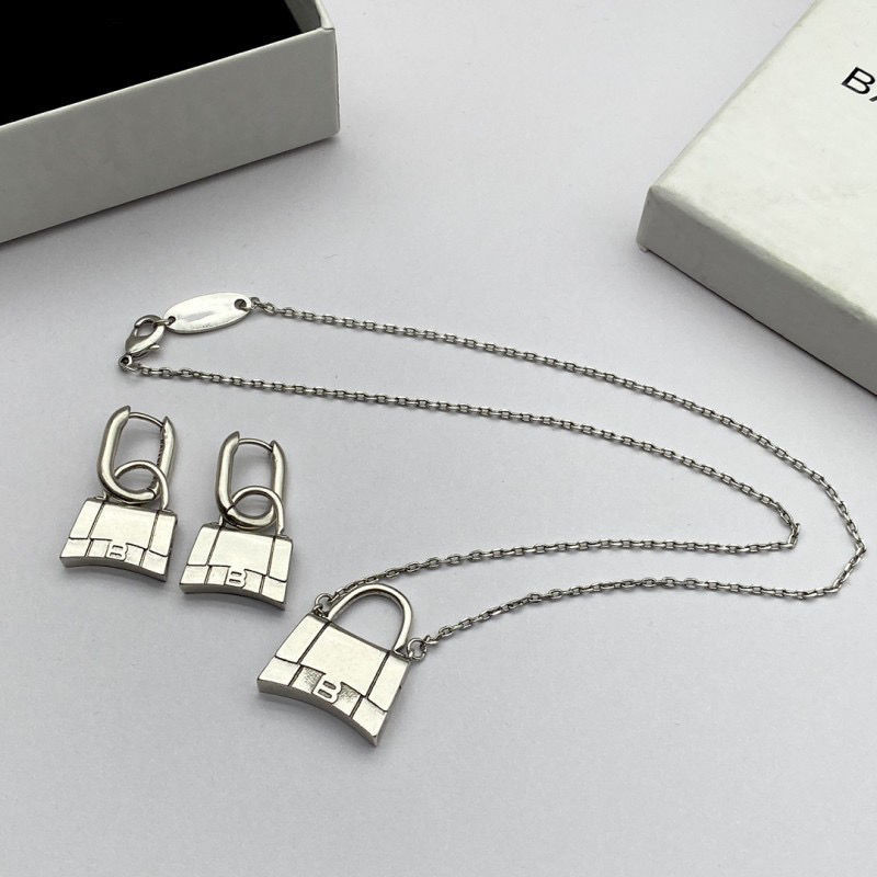Balenciaga ชุดสร้อยคอ ต่างหูโซ่ จี้ตัวอักษร B สีเงิน สไตล์ฝรั่งเศส เรโทร ไม่ซีดจาง สําหรับผู้หญิง