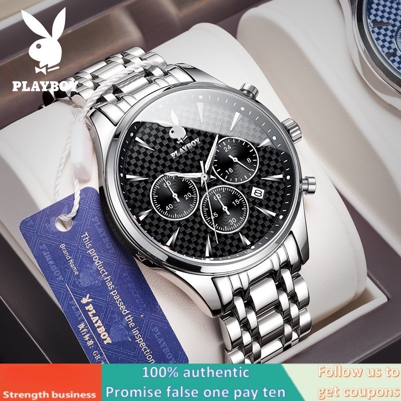Playboy Brand Watch (ของแท้ + กล่องของแท้) นาฬิกาข้อมือแฟชั่น มัลติฟังก์ชั่น โครโนกราฟ เรืองแสง ของ