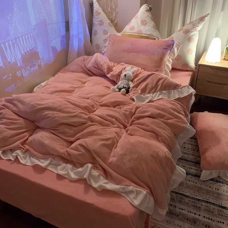 Girl Heart 1yj Milk Ruffled Four-piece Solid Color Bed Sheet Plush Quilt Cover Student Thickened Co