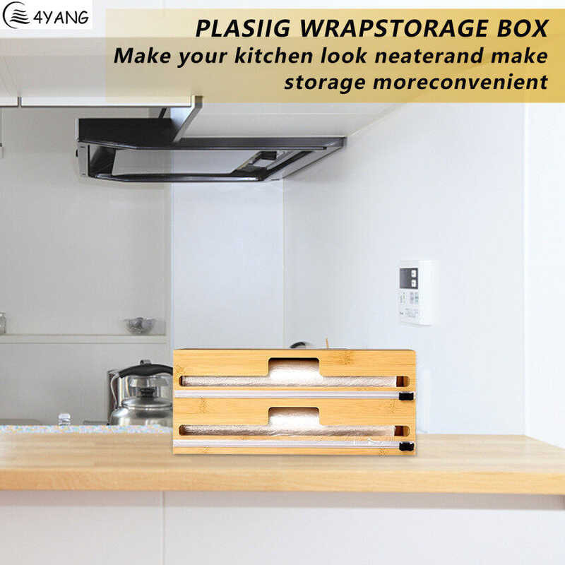 Wrap Dispenser With Cutter, Aluminum Foil And Plastic Wrap Organizer For Drawer, 2 In 1 Bamboo Rol