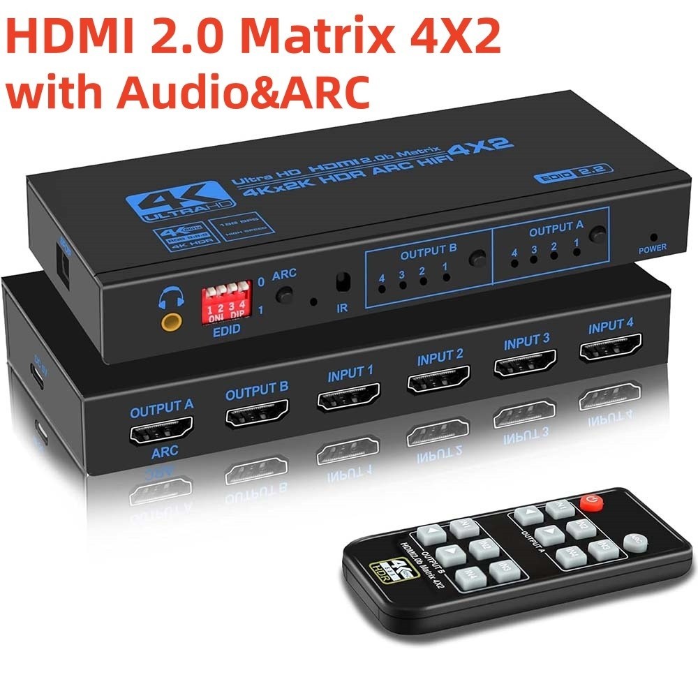 4x2 HDMI 2.0 Matrix Audio Matrix Switcher ARC 4 ใน 2 out Matrix Switch HDMI Splitter สําหรับ PS4 Xbox DVD HDTV เครื ่ องขยายเสียง