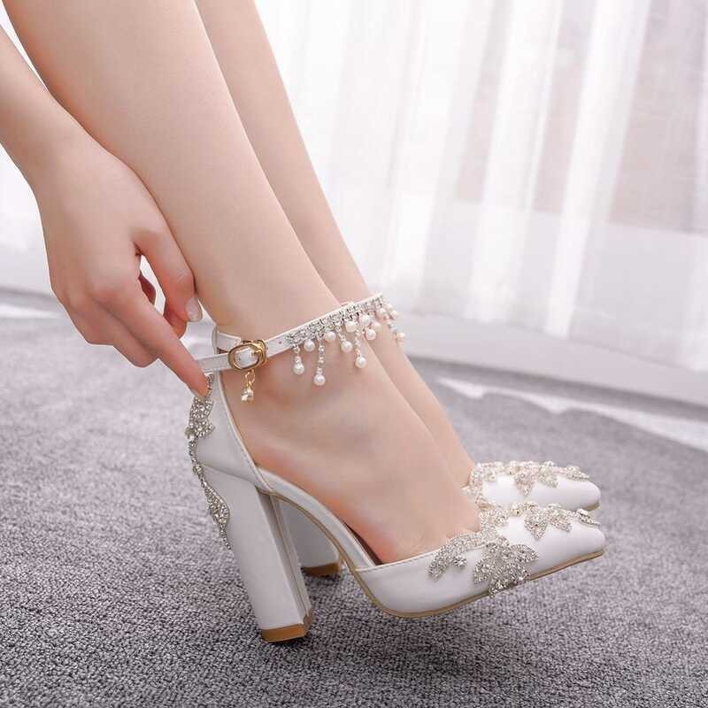 Wedding Crystal Queen Shoes Bride Pumps Christmas Day Evening Party Square High Heels Woman Sandals