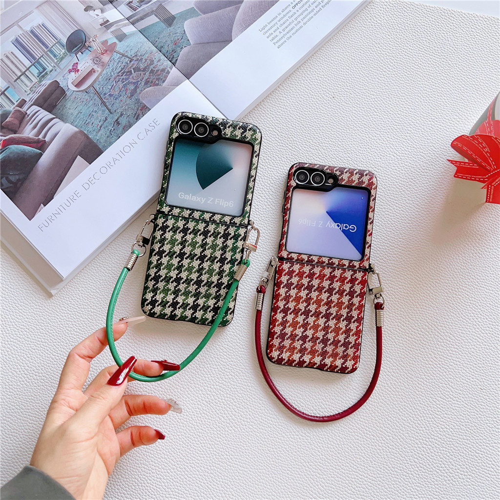 หรูหราคลาสสิก Houndstooth เคสโทรศัพท์หนัง Protable สําหรับ Samsung Galaxy Z Flip 7 Flip7 Z Flip6 ZFlip 5 Zflip6 Zflip5 กันกระแทกปกหลัง