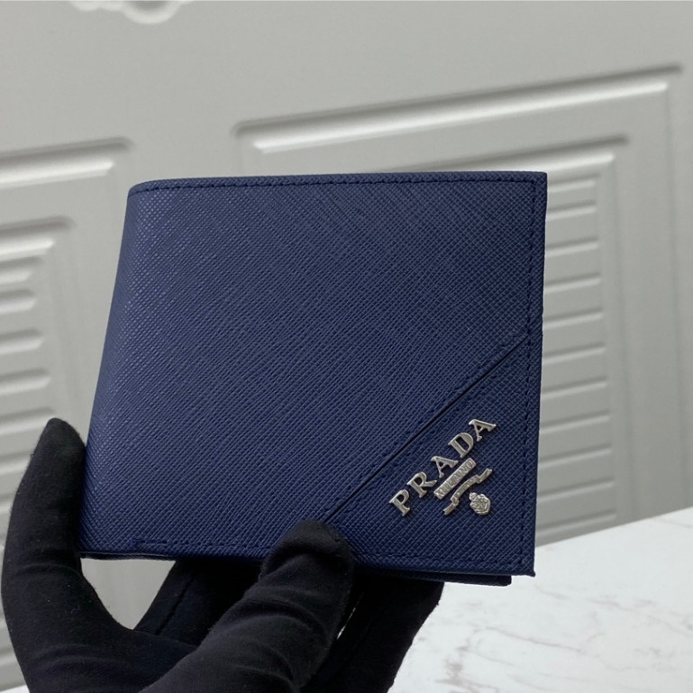 Prada กระเป๋าสตางค์ ใบสั้น หนังแท้ สีฟ้า คุณภาพสูง สําหรับผู้ชาย