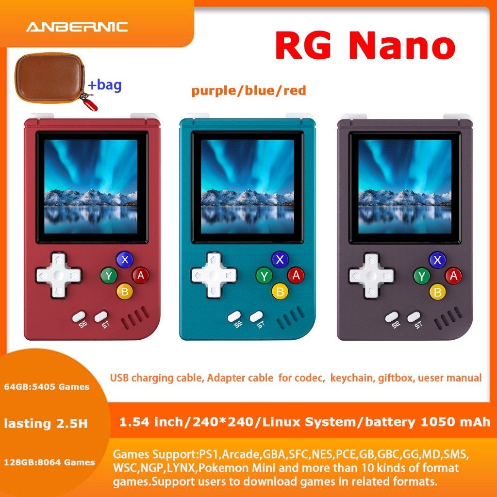 Anbernic ใหม่ เกมคอนโซล RG Nano Mini 1.54 นิ้ว 240*240 พวงกุญแจ DDR2 Linux System PS1 GBA Arcade ga