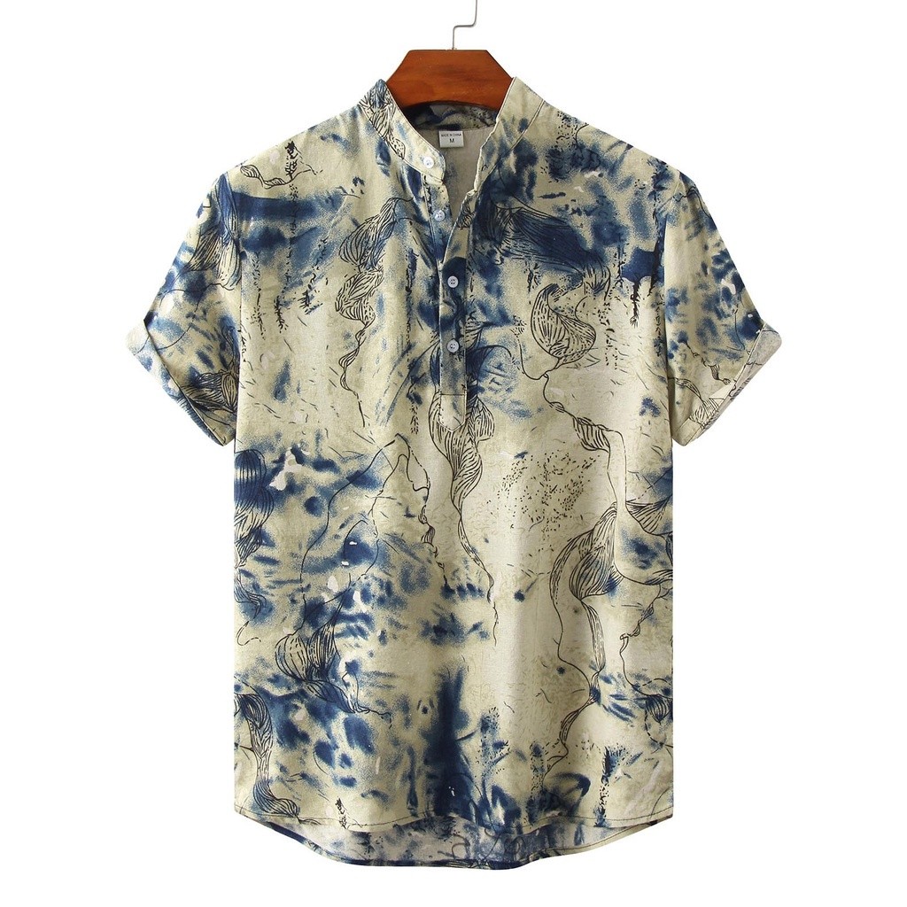 เสื้อโปโลแขนสั้นลําลอง คอปกหลวม ลายดอกไม้ เหมาะกับเดินชายหาด แฟชั่นฤดูร้อน สไตล์โบโฮ ผู้ชาย2025