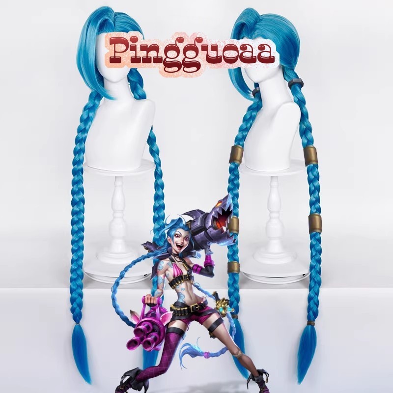LOL Arcane Jinx Cosplay Wig 130cm Long Double Braids Hair Heat Resistant Synthetic Wigs