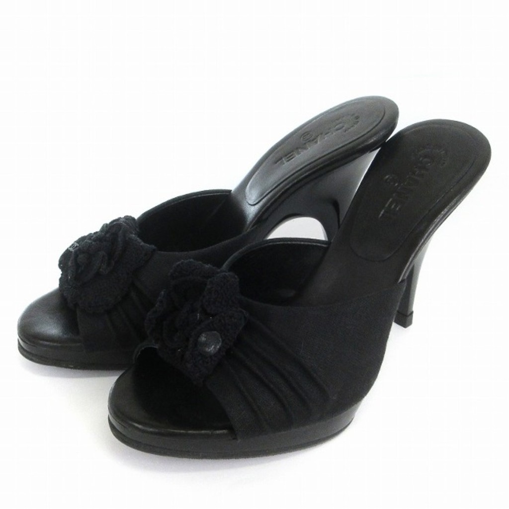 Chanel Mule Sandals Camellia Coco Mark Black 22cm SM1 Direct from Japan Secondhand