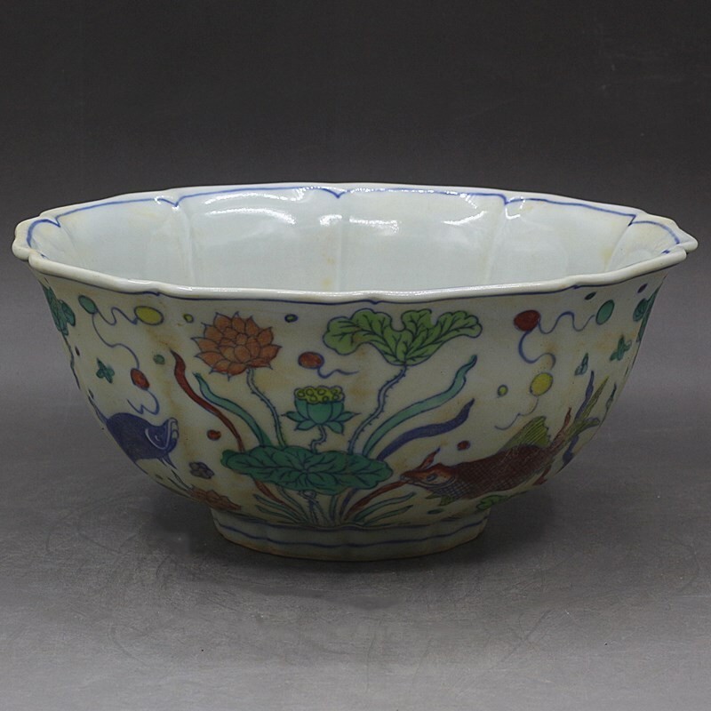 Ming Xuande made blue white colorful fish and algae patterned bowls, antique porcelain, Chinese coll
