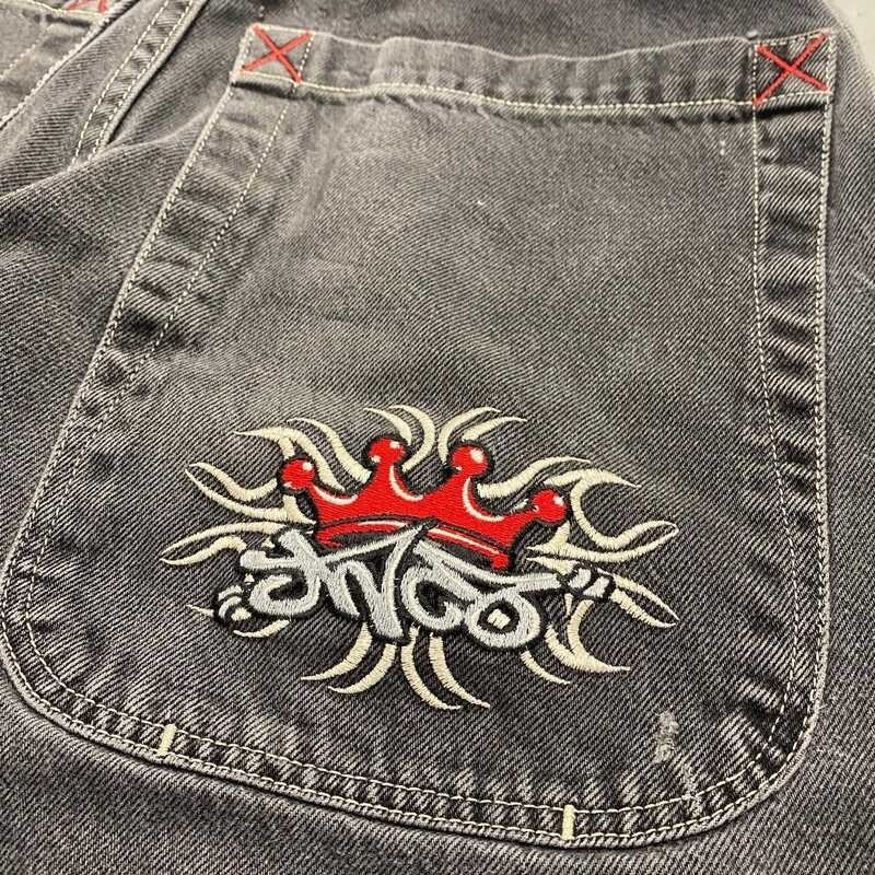 ➧ Jnco กางเกงขาสั้น Y2k ย้อนยุคฮิปฮอป Jnco ปักมงกุฎกางเกง