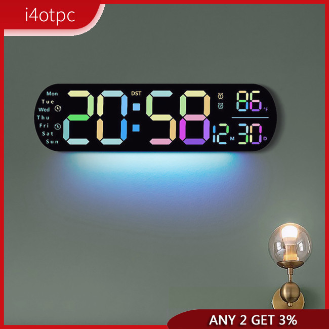 I4otpc นาฬิกาดิจิทัลติดผนัง ขนาดใหญ่ 13.8 นิ้ว พร้อมไฟ 9 สี สายเคเบิลวันที่ รีโมตคอนโทรล ความสว่าง