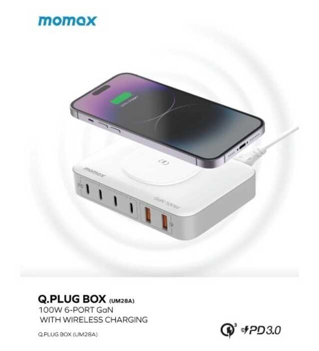 ONEPLUG 6-Port Momax with Wireless Charging 100W GaN Desktop Socket PD Multi-Port Fast Charger Head