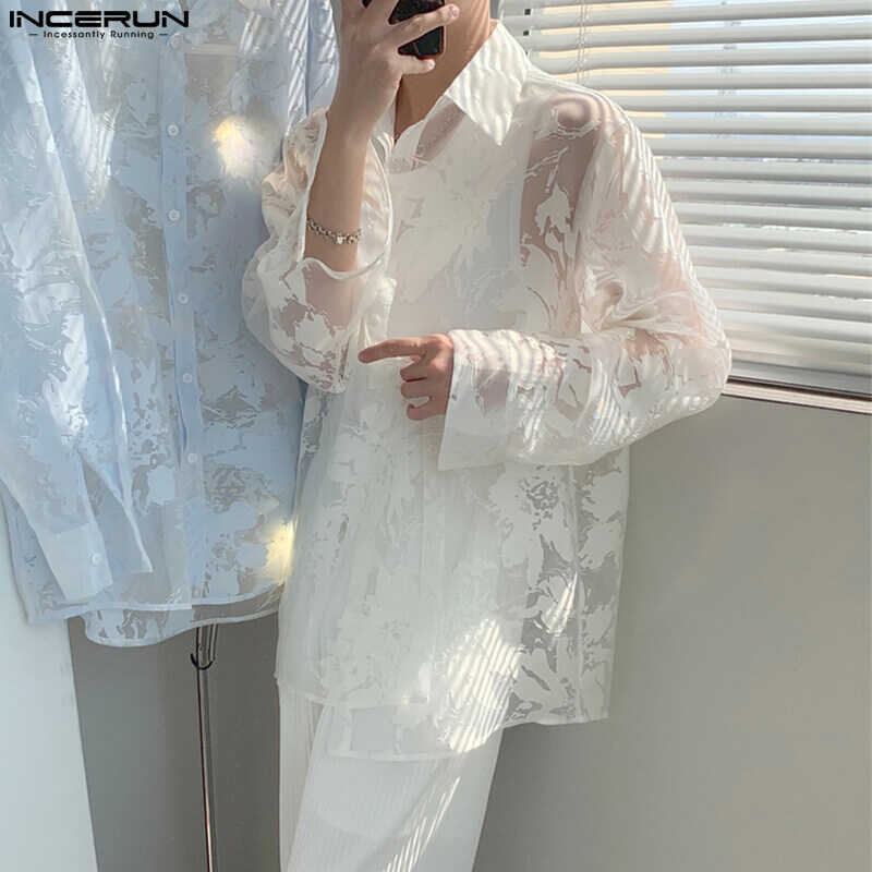 INCERUN Mens Long Sleeve Floral See Through Shirts Blouse Casual Holiday T Shirt Top (Korean Style) op