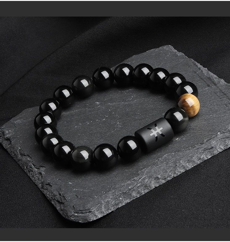 ♞,♘,♙Twelve Zodiac Signs Obsidian Bracelet Boys Retro Beaded Bracelets