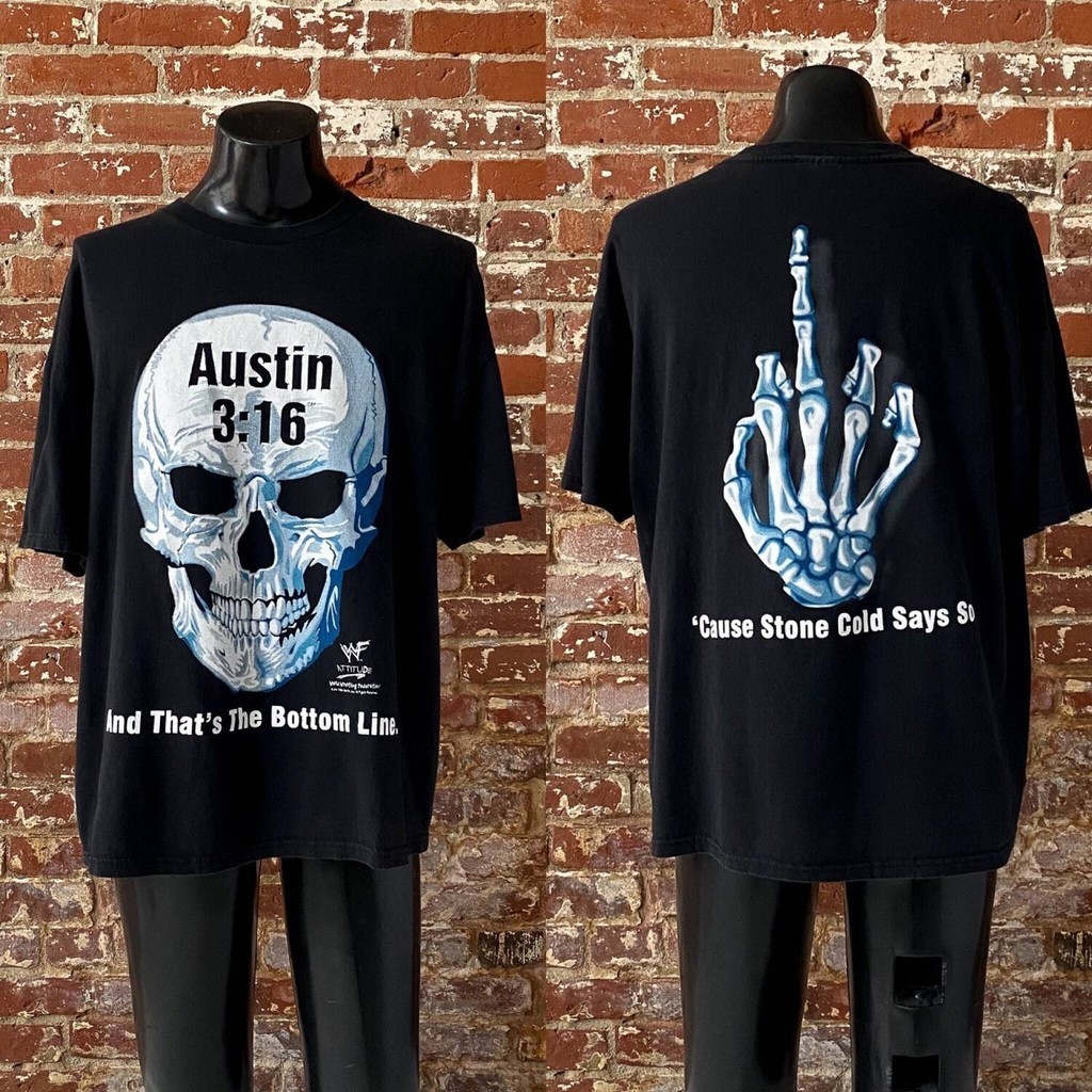 90s Stone Cold Steve Austin Big Skull WWF Attitude Tee. Vintage 1998 Stone Cold Steve Austin Tee. เม