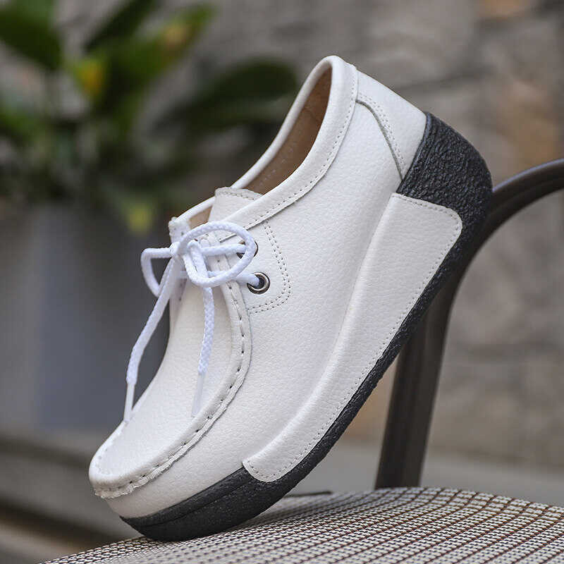 ❤ VIWANA Wedge For Women Genuine Leather Platform Sneakers Thick Bottom Loafers Slip On Woman Kor