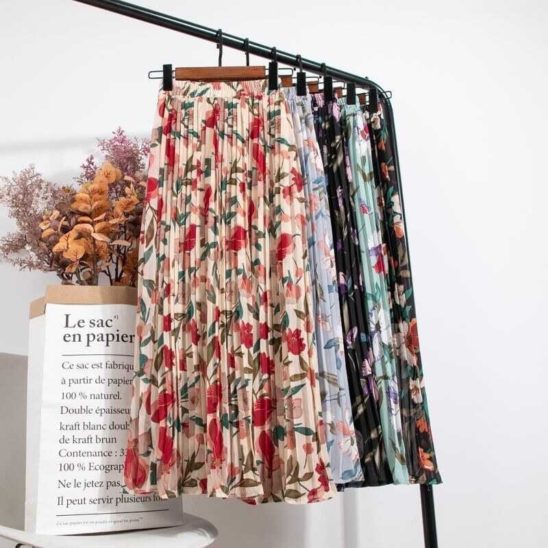 39;s Summer 【hot】 Floral Print Pleated Skirt Women Elegant Casual Chiffon Midi Skirts Female Elas s