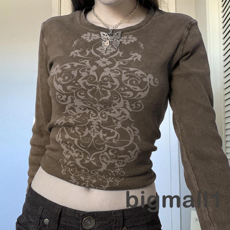 Bigmall-เสื้อยืดลําลองสําหรับสตรีแขนยาวคอกลมพิมพ์ลายสไตล์วินเทจ