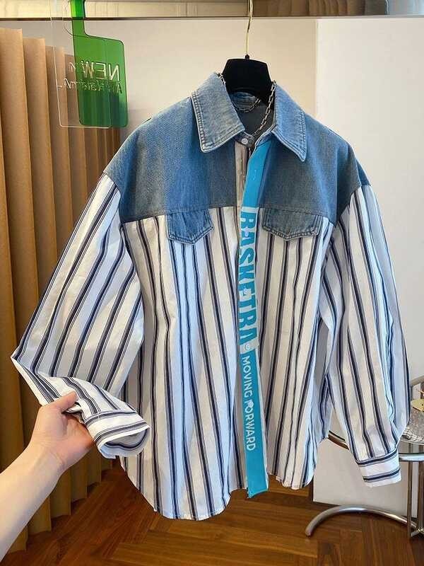 Size Spring Large and Autumn Niche Alphabet Embroidered Denim ing Striped Shirt Women's Fake Two Pi