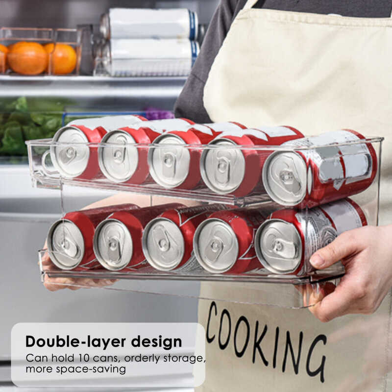 2-Tier Rolling Refrigerator Organizer Bins, Soda Can Storage Rack Container Drink Beverage Dispense
