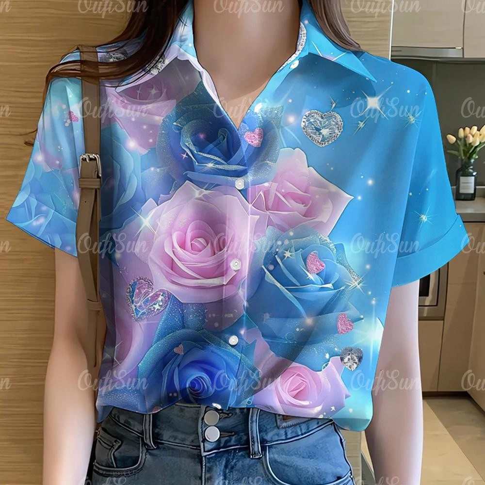 เสื้อoversizeผู้หญิง ลายกราฟฟิตี้และลายดอกไม้ สไตล์ฮาวายแขนสั้น
