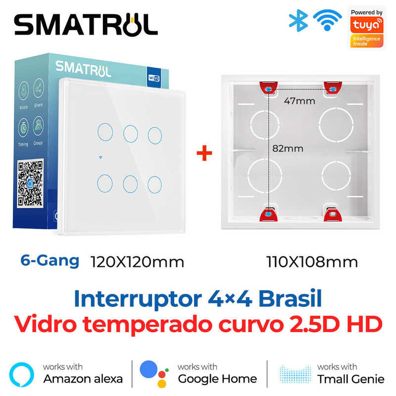 SMATRUL Tuya Wifi Smart Switch 4 Gang/6 Gang Screen Panel APP Remote Control Work For Alexa Google
