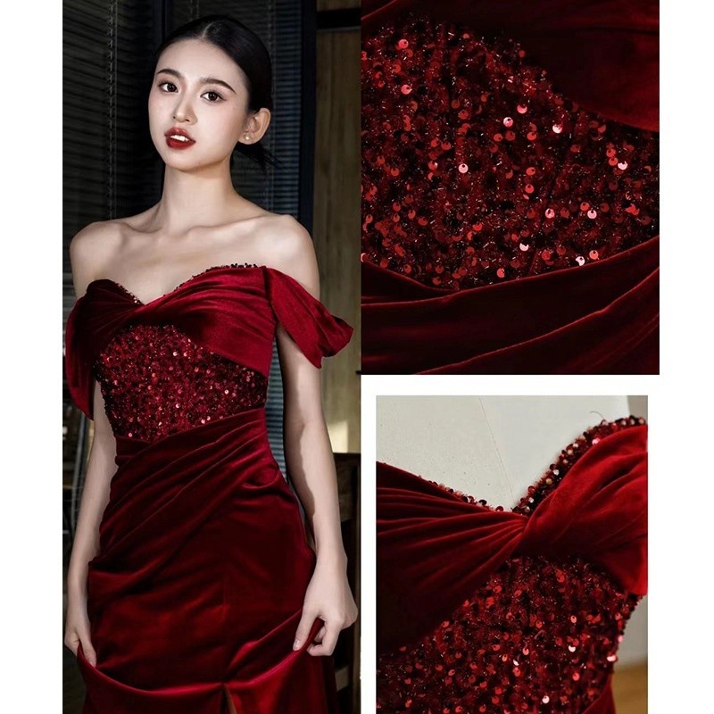 New elegant banquet evening dress sexy velvet sequined hostess concert performance catwalk fashion