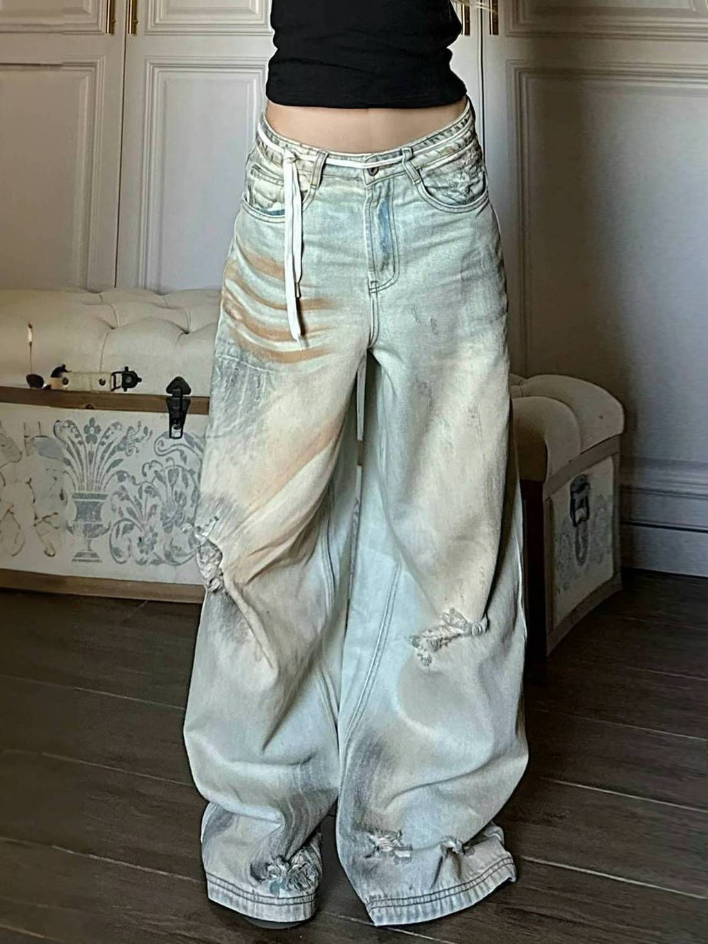 Shanmieleng อเมริกันย้อนยุคขนาดใหญ่ล้าง Distressed Ripped กางเกงยีนส์ผู้หญิง Street ตรงหลวม Slimmer ดูกว้างขาผ้าม่าน Trous