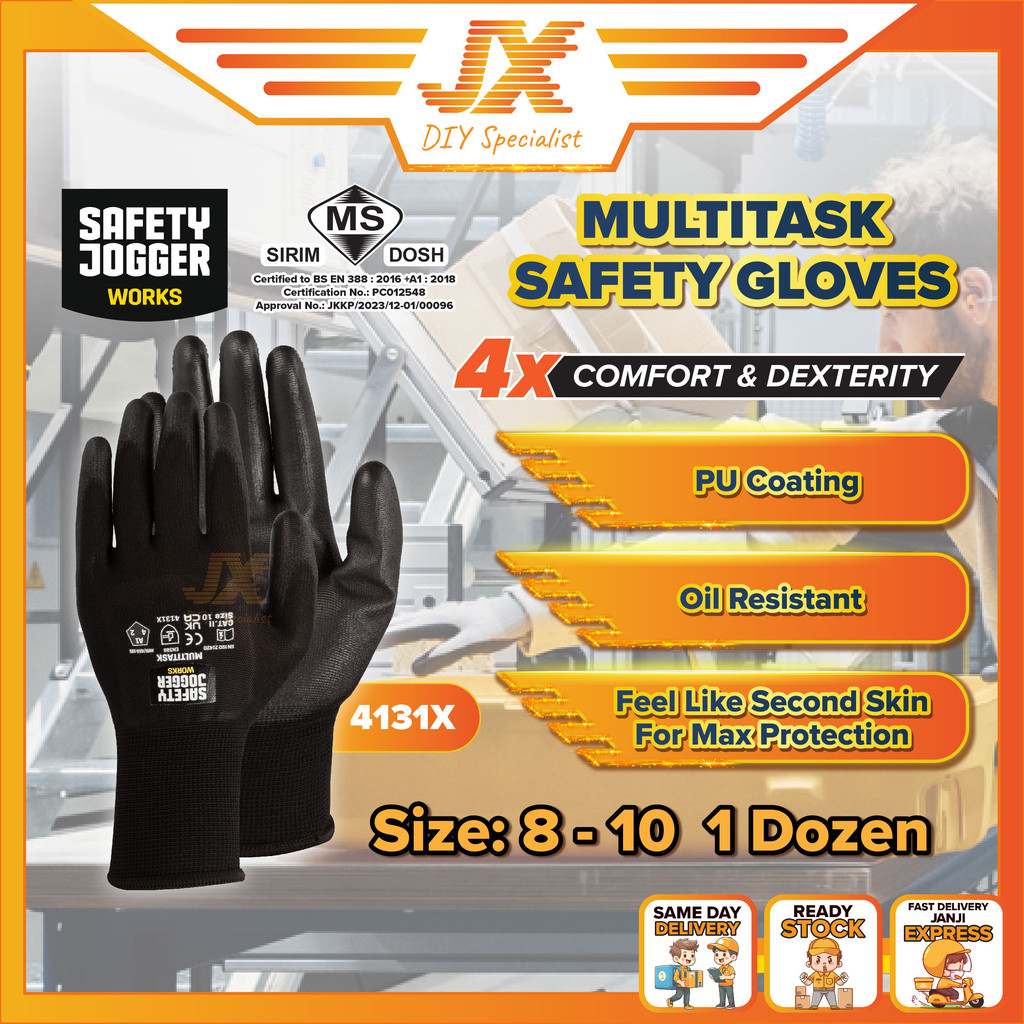 SAFETY JOGGER ถุงมือเคลือบ PU ถุงมือมืออุตสาหกรรม ถุงมือนิรภัย Sarung Tangan 1 โหล
