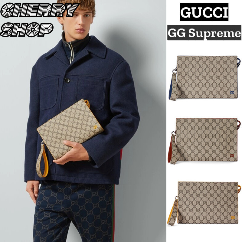 ♞,♘ราคาดีที่สุดของแท้ 100%กุชชี่ Gucci Men's GG Clutchกระเป๋าคลัทช์ของผู้ชาย GG Supreme Canva