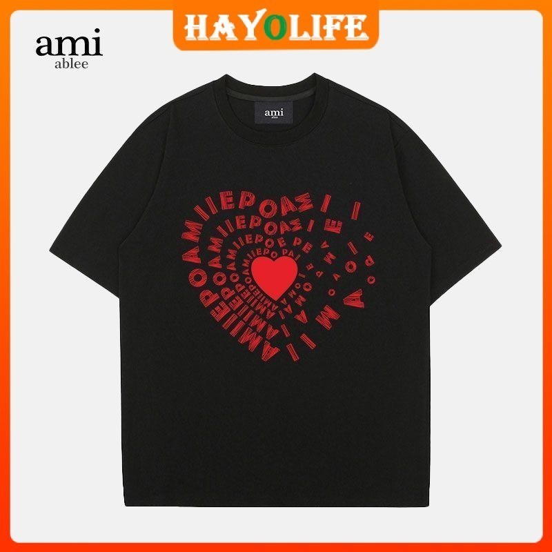 [Ami * Paris] เสื้อยืดแขนสั้น เปิดไหล่ พิมพ์ลายหัวใจ ทรงหลวม สําหรับผู้ชาย และผู้หญิง