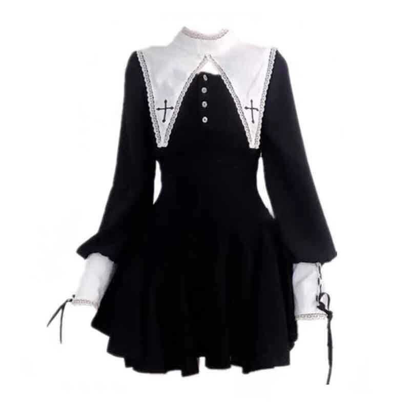 Pure Lust Halloween Dark Lolita Sweet Cool Nun Fake Two High Waist Irregular Little Black Dress Gir