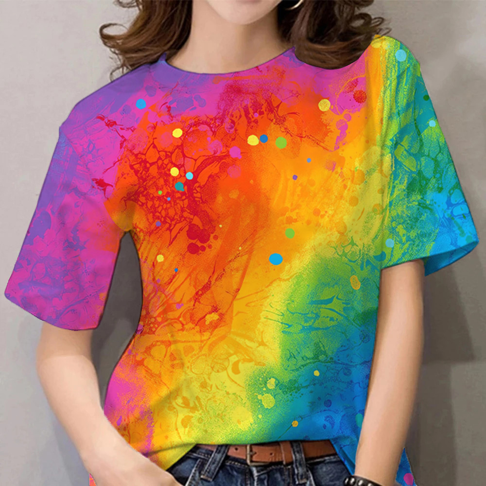 เสื้อยืดสายรุ้งผู้หญิง พิมพ์กราฟฟิก แขนสั้น แบบลำลอง Oversize