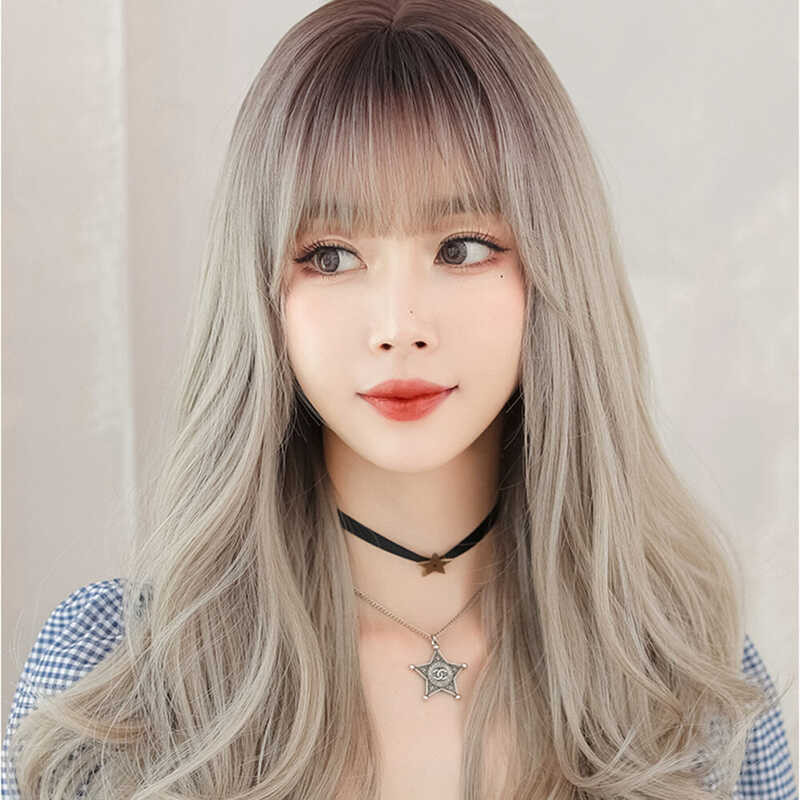 ➧ 7Jhh WIGS Long Curly With Bangs Grey Party Colorful Wavy Natural Hair Synthetic Dye Fashion Wig