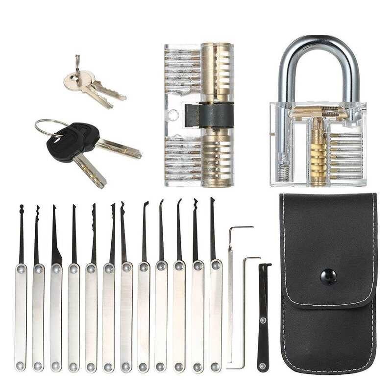 15Pcs Lock Picking Set Kit Tool With Two Transparent Practice Training Padlock Lock For Locksmith B 