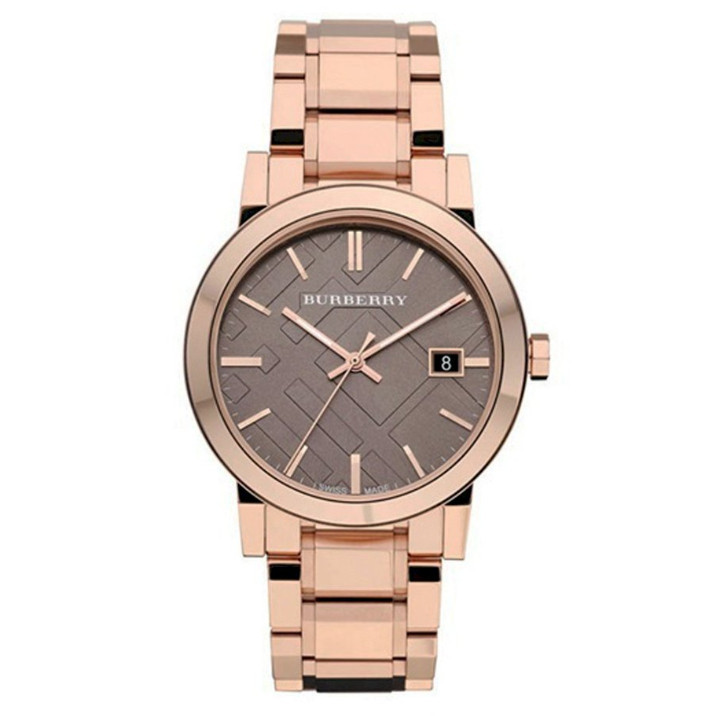♞BURBERRY Women's BU9005 BU9000 BU9001 38mm Large Check Rosetone Stainless Steel Bracelet Watch