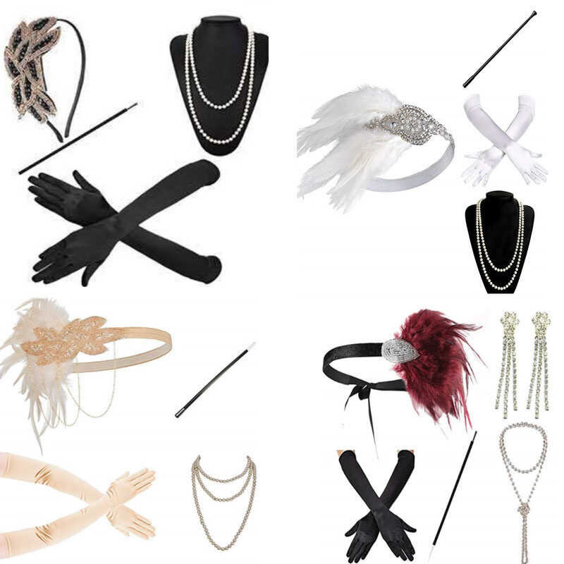 flapper dress 1920s accessories Retro Party props GATSBY CHARLESTON headband pearl necklace white f